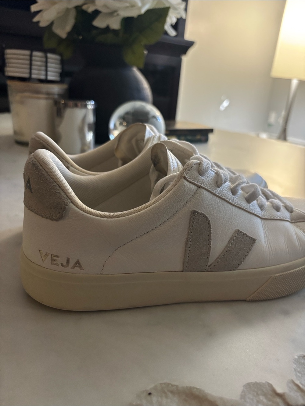 Veja White Leather Low-Top Sneakers with Off-White V Detail